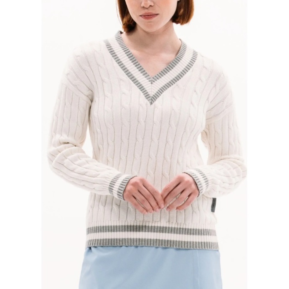 Foray Golf® (Women's MEDIUM) Heritage™ V-Neck Cable Knit‎ Sweater, Off White